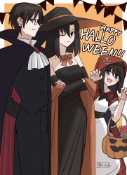 1boy 2girls bare_shoulders black_cape black_eyes black_hair black_pants black_shirt blue_eyes blush breasts candy cape closed_eyes collarbone family fang father_and_daughter food glasses halloween_bucket halloween_costume happy_halloween hat highres husband_and_wife kara_no_kyoukai kokutou_mikiya long_hair medium_breasts mother_and_daughter multiple_girls one_eye_closed pants red_hood ryougi_mana ryougi_shiki shintyoi2 shirt signature witch_hat