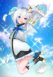 Rule 34 | 1girl, absurdres, amane kanata, arms up, blue bow, bob cut, bow, bowtie, cloud, dress, eyes visible through hair, feathers, flat chest, hair between eyes, halo, highres, hololive, jumping, lens flare, long sleeves, looking at viewer, mini wings, open mouth, purple eyes, short hair, single hair intake, sky, solo, star halo, tachibana yuu (shika), teeth, upper teeth only, virtual youtuber, white hair, wings