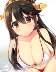 Rule 34 | 10s, 1girl, adapted costume, bad id, bad twitter id, bikini, black hair, blush, breasts, brown eyes, cleavage, closed mouth, collarbone, dutch angle, hair between eyes, hair ornament, hairband, hairclip, haruna (kancolle), highres, kantai collection, large breasts, long hair, looking at viewer, navy (navy.blue), side-tie bikini bottom, smile, solo, sparkle, swimsuit, twitter username, water, white background
