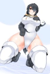 Rule 34 | 10s, 1girl, artist name, black hair, blush, boots, breasts, brown eyes, covered navel, emperor penguin (kemono friends), from below, ganesagi, hair over one eye, hand on own chest, highleg, highleg leotard, highres, kemono friends, kneeling, large breasts, leotard, long hair, looking at viewer, looking down, signature, simple background, solo, thighhighs, very long hair, white background, white leotard, white thighhighs