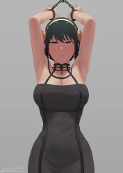 Rule 34 | 1girl, armpits, arms up, bare shoulders, black dress, black hair, bound, bound wrists, breasts, cleavage, commentary request, cowboy shot, dress, flower, frown, gold hairband, golden rose, grey background, hair flower, hair ornament, hairband, highres, looking at viewer, medium breasts, off-shoulder dress, off shoulder, putcher, red eyes, restrained, rose, sidelocks, simple background, solo, spy x family, yor briar
