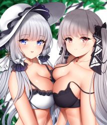 Rule 34 | 2girls, :d, azur lane, bare shoulders, black bra, blue eyes, blurry, blurry background, blush, bra, breast press, breasts, cleavage, collarbone, day, earrings, formidable (azur lane), frilled bra, frills, gem, grey hair, hair ornament, hair ribbon, hat, highres, illustrious (azur lane), jewelry, lace trim, large breasts, long hair, looking at viewer, mole, mole under eye, multiple girls, necklace, open mouth, outdoors, red eyes, red gemstone, ribbon, signature, smile, strap slip, sun hat, symmetrical docking, twintails, two-tone ribbon, underwear, very long hair, white bra, white hair, white headwear, wsman