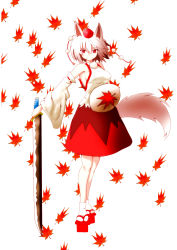 Rule 34 | 1girl, animal ears, autumn leaves, bare shoulders, black2929, breasts, detached sleeves, full body, geta, hat, highres, inubashiri momiji, leaf, looking at viewer, pom pom (clothes), red eyes, shield, short hair, sideboob, silver hair, simple background, solo, sword, tail, tokin hat, touhou, weapon, white background, wolf ears, wolf tail