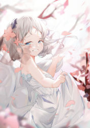 Rule 34 | 1girl, absurdres, ano hi mita hana no namae wo bokutachi wa mada shiranai., bare shoulders, blue eyes, blurry, blurry background, blush, breasts, dress, flower, grey hair, hair flower, hair ornament, hands up, highres, holding, holding clothes, honma meiko, lifted by self, looking at viewer, open mouth, pink flower, pola (1021), short hair, sleeveless, sleeveless dress, small breasts, solo, tears, teeth, white dress