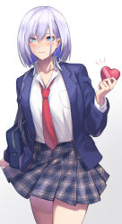 Rule 34 | 1girl, blazer, blue eyes, blush, breast pocket, candy, chocolate, chocolate heart, closed mouth, commentary, cowboy shot, food, hair between eyes, heart, highres, jacket, long sleeves, looking at viewer, medium hair, necktie, open clothes, open jacket, original, plaid, plaid skirt, pleated skirt, pocket, purple hair, re (re 09), red necktie, shirt, simple background, skirt, solo, valentine, white shirt
