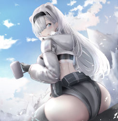 Rule 34 | 1girl, absurdres, animal ears, arknights, ass, aurora (arknights), bear ears, belt, belt pouch, black gloves, black hairband, black thighhighs, blue eyes, blue sky, blush, breasts, breath, coffee mug, crop top, cup, day, dutch angle, from behind, gloves, grey hair, grey shorts, hair over one eye, hairband, highres, holding, holding cup, hood, hood down, long hair, long sleeves, looking at viewer, looking back, medium breasts, mountain, mug, open mouth, outdoors, poni (poni arknights), pouch, short shorts, shorts, sky, solo, steam, thighhighs, very long hair