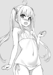 Rule 34 | &gt;:o, :o, ahoge, amazon (azur lane), arm at side, asanagi, azur lane, bikini, blush, cowboy shot, fang, flat chest, gluteal fold, greyscale, hair ornament, halterneck, highres, long hair, looking at viewer, monochrome, navel, nose blush, open mouth, side-tie bikini bottom, sidelocks, simple background, skindentation, solo, swimsuit, twintails, v-shaped eyebrows, very long hair