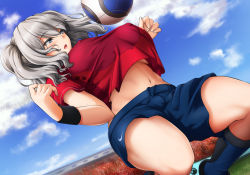 Rule 34 | 1girl, alternate costume, armband, ball, blue eyes, blue shorts, blue sky, bol (liliymimi), breasts, cloud, covered erect nipples, crop top, crop top overhang, day, dutch angle, female focus, from below, grass, grey hair, j. league, kantai collection, kashima (kancolle), kashima antlers, kneehighs, large breasts, long hair, midriff, name connection, navel, nike (company), no bra, open mouth, outdoors, parody, product placement, red shirt, shirt, short sleeves, shorts, sky, soccer, soccer ball, soccer uniform, socks, solo, sportswear, t-shirt, twintails, underboob, upshirt