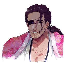 Rule 34 | 1boy, beard, bleach, bleach: sennen kessen-hen, brown eyes, brown hair, cherry blossom print, close-up, collarbone, commentary request, cropped torso, eyepatch, facial hair, floral print, hair between eyes, highres, japanese clothes, kimono, kyouraku shunsui, long hair, looking to the side, low ponytail, male focus, mature male, nose, one eye covered, ovasayuri, parted lips, pink kimono, print kimono, simple background, single eyebrow, solo, teeth, twitter username, white background, white kimono