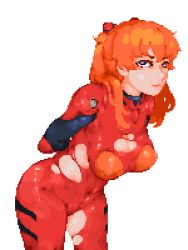 Rule 34 | 1girl, absurdres, blue eyes, breasts, brown hair, cleavage, evangelion: 3.0+1.0 thrice upon a time, expressionless, hair ornament, highres, large breasts, long hair, neon genesis evangelion, pixel art, plugsuit, rebuild of evangelion, shiny clothes, shiny skin, skin tight, solo, souryuu asuka langley, stolensweetroll, thigh gap, torn clothes, two side up, wide hips