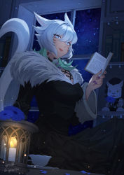 Rule 34 | 1girl, animal ears, book, candle, cat ears, cat tail, character doll, cup, earrings, facial mark, feather earrings, feathers, final fantasy, final fantasy xiv, flower, fur trim, highres, jewelry, looking at viewer, lyra-kotto, nail polish, night, runar, short hair, smile, solo, tail, teacup, whisker markings, white hair, window, y&#039;shtola rhul