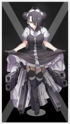 Rule 34 | 1girl, agent (girls&#039; frontline), black background, black dress, black footwear, black gloves, black hair, black thighhighs, boots, brown eyes, closed mouth, commentary request, curtsey, double bun, dress, frilled dress, frills, garter straps, girls&#039; frontline, gloves, grey background, hair bun, hair over one eye, highres, horns, kuro kosyou, looking at viewer, maid headdress, puffy short sleeves, puffy sleeves, shadow, short sleeves, skirt hold, sleeveless, sleeveless dress, smile, solo, thigh boots, thighhighs, two-tone background, v-shaped eyebrows, white sleeves