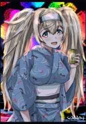 Rule 34 | 1girl, blonde hair, blue eyes, blush, breasts, fireworks, gambier bay (kancolle), hair between eyes, headband, highres, japanese clothes, kantai collection, kimono, large breasts, long hair, one-hour drawing challenge, open mouth, outdoors, seitei (04seitei), solo, twintails, twitter username