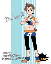 Rule 34 | 1boy, adjusting clothes, adjusting gloves, bad id, bad pixiv id, bare arms, black leggings, blue footwear, brown eyes, brown hair, closed mouth, collarbone, commentary request, creatures (company), full body, game freak, gen 8 pokemon, gloves, highres, leggings, male focus, navel, nintendo, partially fingerless gloves, pincurchin, pokemon, pokemon (creature), pokemon swsh, shirt, shoes, short hair, short shorts, shorts, single glove, sleeveless, sleeveless shirt, standing, thank you, translation request, victor (pokemon), xichii