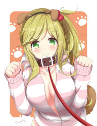 Rule 34 | 10s, 1girl, absurdres, animal collar, animal ears, blush, breasts, cleavage, collar, covered erect nipples, dog ears, fake animal ears, fang, fang out, green eyes, highres, hood, hoodie, inuyama aoi, large breasts, long sleeves, name connection, no bra, paw pose, paw print, paw print background, side ponytail, simple background, smile, solo, standing, striped, thick eyebrows, unzipped, upper body, voids, yurucamp