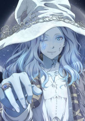 Rule 34 | 1girl, artist request, blue eyes, blue hair, blue skin, cloak, colored skin, cracked skin, dress, elden ring, extra arms, fur cloak, hat, highres, jewelry, long hair, looking at viewer, moon, one eye closed, ranni the witch, ring, smile, solo, white dress, witch, witch hat