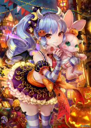 Rule 34 | 1girl, blue hair, blush, bow, brown eyes, closed mouth, crescent, crescent hair ornament, drill hair, fake horns, fake wings, hair ornament, halloween, holding, holding stuffed toy, horns, jack-o&#039;-lantern, long hair, looking at viewer, nail polish, official art, orange bow, pisuke, purple thighhighs, red nails, smile, solo, soul reverse zero, striped clothes, striped thighhighs, stuffed animal, stuffed toy, thighhighs, twin drills, white thighhighs, wings