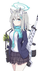 Rule 34 | 1girl, absurdres, animal ear fluff, animal ears, assault rifle, black jacket, blazer, blue archive, blue eyes, blue necktie, blue scarf, blush, breasts, brown skirt, closed mouth, commentary request, fringe trim, gloves, green gloves, grey hair, gun, hair between eyes, halo, highres, jacket, k12040707, looking at viewer, medium breasts, necktie, open clothes, open jacket, plaid, plaid skirt, pleated skirt, rifle, scarf, school uniform, shiroko (blue archive), shirt, sig sauer 556, simple background, skirt, solo, weapon, white background, white shirt
