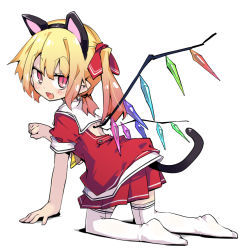 Rule 34 | 1girl, all fours, animal ears, blonde hair, cat ears, cat tail, crystal, dress, fake animal ears, fang, flandre scarlet, from behind, full body, hair ribbon, jitome, looking at viewer, medium hair, no shoes, noya makoto, paw pose, pleated skirt, pointy ears, red dress, red eyes, red ribbon, red skirt, ribbon, sailor collar, short sleeves, side ponytail, sidelocks, simple background, skin fang, skirt, slit pupils, solo, tail, thighhighs, touhou, white background, white thighhighs, wings