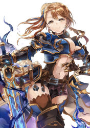 Rule 34 | 10s, 1girl, armor, bad anatomy, beatrix (granblue fantasy), blush, breasts, brown eyes, brown hair, cleavage, female focus, granblue fantasy, himuro shunsuke, large breasts, long hair, ponytail, poorly drawn, solo, sword, thighhighs, weapon
