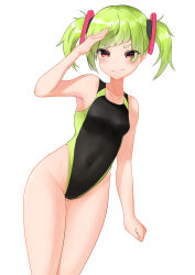 Rule 34 | 1girl, absurdres, black one-piece swimsuit, blunt bangs, breasts, commentary request, competition swimsuit, delruki, delutaya, diagonal bangs, green hair, highleg, highleg swimsuit, highres, indie virtual youtuber, looking at viewer, mixed-language commentary, one-piece swimsuit, red eyes, salute, short hair, simple background, sing152, small breasts, smile, solo, swimsuit, thick eyebrows, thigh gap, twintails, virtual youtuber, white background