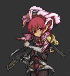 Rule 34 | 1girl, androgynous, assault rifle, belt, black background, black bodysuit, bodysuit, cowboy shot, elbow gloves, gloves, gun, holding, holding weapon, looking at viewer, oguchi, red eyes, red hair, rifle, short hair, simple background, skin tight, solo, standing, weapon, white gloves