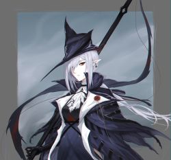 Rule 34 | 1girl, arknights, artist name, ascot, black dress, black headwear, dress, earrings, gladiia (arknights), goth fashion, hair over one eye, hat, high collar, highres, holding, holding polearm, holding weapon, jewelry, long hair, looking at viewer, parted lips, pointy ears, pointy hat, polearm, red eyes, rz ix, silver hair, upper body, weapon, white ascot