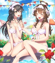 Rule 34 | 10s, 2girls, :d, ^ ^, ahoge, bad id, bad pixiv id, beach umbrella, bikini, blurry, blush, bow, breasts, bush, cherry, cleavage, closed eyes, collarbone, day, depth of field, food, frills, front-tie bikini top, front-tie top, fruit, garland (decoration), hair bow, hair ornament, hairclip, hand on own chest, haruna (kancolle), head tilt, highres, holding, kantai collection, kiwi (fruit), kneeling, kongou (kancolle), long hair, maid headdress, medium breasts, multiple girls, navel, open mouth, outdoors, plant, pool, shaved ice, sitting, smile, soaking feet, sparkle, spoon, stomach, swimsuit, text focus, translation request, umbrella, white bikini, white bow, yakusuke, yellow eyes
