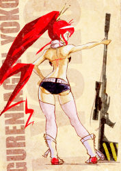 Rule 34 | 00s, 1girl, anti-materiel rifle, ass, back, backboob, bad id, bad pixiv id, belt, bikini, bikini top only, boots, breasts, contrapposto, from behind, gun, hair ornament, hand on own hip, hip focus, large breasts, long hair, monsoon, pink thighhighs, ponytail, red hair, rifle, scarf, short shorts, shorts, sniper rifle, solo, standing, swimsuit, tengen toppa gurren lagann, thighhighs, very long hair, weapon, yoko littner, zipper