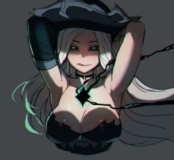 Rule 34 | 1girl, :q, armpits, arms behind head, arms up, black choker, black hat, black sclera, breasts, choker, cleavage, collarbone, colored sclera, commentary, commentary request, cropped torso, detached sleeves, english commentary, floating hair, glowing, glowing eyes, green eyes, grey background, hat, korean commentary, league of legends, licking lips, long hair, looking at viewer, magic, medium breasts, miss fortune (league of legends), pirate hat, ratatatat74, ruined miss fortune, shiny skin, simple background, single sleeve, solo, strapless, tongue, tongue out, upper body, white hair