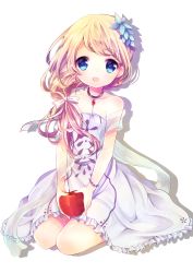 Rule 34 | 10s, 1girl, absurdres, ange vierge, apple, bad id, bad pixiv id, bare shoulders, blonde hair, blue eyes, child, collar, dress, earrings, food, fruit, hair ornament, highres, jewelry, long hair, pendant, ponytail, shadow, solo, white hair, ytuorvi