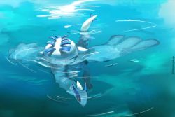 Rule 34 | bad id, bad twitter id, blue theme, creatures (company), day, game freak, gen 2 pokemon, highres, legendary pokemon, lugia, nintendo, no humans, outdoors, partially submerged, pecohophop, pokemon, pokemon (creature), ripples, signature, solo, swimming, toes, water