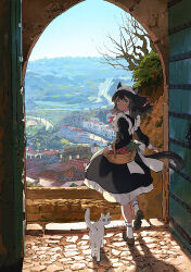 Rule 34 | 1girl, animal ears, apron, basket, black hair, bow, cat, cityscape, dark skin, full body, highres, hill, long hair, looking at viewer, maid headdress, outdoors, puffy sleeves, red bow, road, rooftop, solo, tail, town, tree, umishima senbon, walking