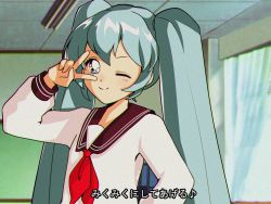 Rule 34 | 1980s (style), 1girl, ;), aqua hair, blue eyes, blush, commentary, eighth note, english commentary, fake screenshot, hatsune miku, highres, light blush, long hair, looking at viewer, miku miku ni shite ageru (vocaloid), musical note, necktie, oldschool, one eye closed, red necktie, retro artstyle, room, school uniform, serafuku, smile, solo, subtitled, translated, twintails, upper body, v, v over eye, very long hair, vocaloid, window, yen-mi