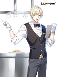 Rule 34 | 1boy, :o, ahoge, badge, belt, black belt, black bow, black bowtie, black vest, blonde hair, bow, bowtie, clipboard, closers, collared shirt, copyright name, counter, cowboy shot, food, gloves, grey pants, hands up, highres, holding, holding clipboard, logo, looking to the side, male focus, noodles, note, official art, open mouth, pants, plate, pointing, pointing to the side, red eyes, shirt, short hair, sleeves past elbows, solo, teeth, traditional bowtie, truss, upper teeth only, v-shaped eyebrows, vest, waistcoat, waiter, white background, white gloves, white shirt, wolfgang schneider