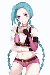 Rule 34 | 1girl, absurdly long hair, ammunition, ammunition belt, arm strap, arm tattoo, asymmetrical gloves, bare shoulders, belt, belt buckle, bikini, bikini top only, blue hair, blush, braid, buckle, bullet, bullet necklace, fingerless gloves, gloves, highres, jewelry, jinx (league of legends), league of legends, lipstick, long hair, makeup, mismatched gloves, necklace, pink eyes, pink thighhighs, short shorts, shorts, single thighhigh, smile, solo, stomach tattoo, swimsuit, tattoo, thighhighs, twin braids, uneven gloves, very long hair