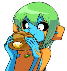 Rule 34 | 1girl, bad id, bad pixiv id, black sclera, blue skin, breasts, colored sclera, colored skin, cream puff, creatures (company), deoxys, deoxys (normal), eating, food, game freak, gen 3 pokemon, green eyes, long hair, multicolored skin, mythical pokemon, nintendo, orange skin, personification, pokemon, small breasts, solo, spacezin, two-tone skin, white eyes