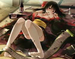 Rule 34 | 1girl, bare shoulders, black hair, black kimono, blush, book, bottle, bow, breasts, calligraphy brush, cherry blossom print, choko (cup), collarbone, commentary request, cup, floral print, hair between eyes, hair bow, hands up, head tilt, highres, holding, holding paintbrush, ink on face, japanese clothes, kimono, long hair, long sleeves, looking at viewer, lying, medium breasts, no shoes, obi, on back, original, paintbrush, parted lips, print kimono, purple eyes, red bow, ribbon-trimmed legwear, ribbon trim, sake bottle, sash, solo, sweat, tatami, thighhighs, tokkuri, toyosaki shu, white thighhighs, wide sleeves