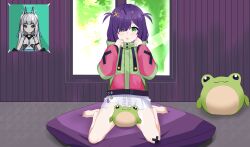 Rule 34 | 1girl, absurdres, achmad faisal, blush, blush stickers, commission, dress, eien project, floor, frog, green eyes, hair ornament, hair over one eye, hairclip, highres, hood, hoodie, kinirotofu, kneeling, looking at viewer, nanimo navi, one eye covered, open mouth, pillow, poster (object), purple hair, shirt, short hair, sitting, skirt, solo, virtual youtuber, wall, window, zumi dokumi