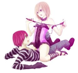 Rule 34 | 00s, 1boy, 1girl, alternate hairstyle, armlet, bare shoulders, bdsm, black gloves, blonde hair, boots, chain, collar, collarbone, death note, girl on top, gloves, harimoto minagi, high heels, kakizaki kokera, matt (death note), mello (death note), nail polish, no pants, open mouth, panties, pants, purple eyes, purple nails, purple panties, red hair, shirt, shoes, short hair, simple background, sitting, sitting on person, sleeveless, straddling, strapless, striped clothes, striped shirt, underwear, urooboe uroboros, urooboe uroboros!, wariza, whip, white background