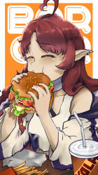 Rule 34 | 1girl, absurdres, arknights, cheese, cup, drinking straw, dwarf, eating, closed eyes, fast food, food, french fries, burger, happy, highres, lettuce, myrtle (arknights), pointy ears, red hair, solo, tomato, vyragami