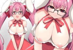 Rule 34 | 1girl, animal ears, bow, breasts, choker, cleavage, detached sleeves, di gi charat, dice hair ornament, downblouse, dress, from above, glasses, hair bow, hair ornament, kunugi miyaco, large breasts, long hair, looking at viewer, multiple views, nipples, open mouth, pink hair, rabbit ears, red bow, red eyes, red ribbon, ribbon, ribbon choker, short sleeves, simple background, twintails, usada hikaru