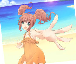 Rule 34 | 1girl, :d, bad id, bad pixiv id, beach, brown hair, day, dress, dutch angle, foreshortening, green eyes, haruta (rump), idolmaster, idolmaster (classic), lens flare, long hair, open mouth, orange skirt, outstretched arms, perspective, skirt, smile, solo, spread arms, takatsuki yayoi, twintails