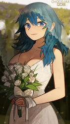Rule 34 | 1girl, artist name, blue eyes, blue hair, breasts, byleth (female) (fire emblem), byleth (fire emblem), chocojax, cleavage, dress, earrings, fire emblem, fire emblem: three houses, highres, jewelry, large breasts, looking at viewer, necklace, nintendo, ring, smile, solo, wedding dress