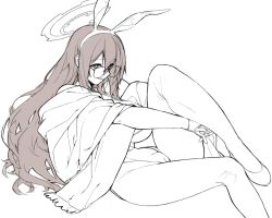 Rule 34 | 1girl, akane (blue archive), akane (bunny) (blue archive), animal ears, blue archive, breasts, cameltoe, fake animal ears, glasses, greyscale, grin, halo, k52, large breasts, leotard, long hair, monochrome, pantyhose, playboy bunny, rabbit ears, simple background, smile, solo, white background