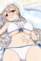 Rule 34 | 1girl, absurdres, bikini, blush, breasts, commentary request, cowboy shot, frilled bikini, frills, front-tie bikini top, front-tie top, highres, large breasts, light brown hair, long hair, looking at viewer, low twintails, lying, mahjong soul, medium bangs, navel, negetsu, on back, open mouth, partial commentary, red eyes, side-tie bikini bottom, solo, swimsuit, towel, towel on head, twintails, underboob, wavy hair, white bikini, wrist cuffs, xenia