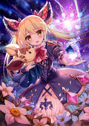 Rule 34 | 1girl, akabane (zebrasmise), blonde hair, blue dress, blush, bow, bowtie, card, collar, double bun, dress, dutch angle, field, floating hair, flower, flower field, frilled collar, frills, green eyes, hair bun, hair ornament, holding, holding card, long hair, long sleeves, looking at another, looking at viewer, luna (shadowverse), hugging object, outstretched arm, outstretched hand, parted lips, pink bow, pink bowtie, pink flower, puffy long sleeves, puffy sleeves, shadowverse, sky, smile, solo, standing, star (sky), starry sky, stuffed animal, stuffed toy, twintails, white dress