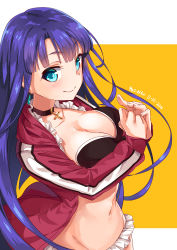 Rule 34 | 1girl, absurdres, bikini, bikini top only, black bikini, blue eyes, blunt bangs, blush, breasts, choker, cleavage, closed mouth, collarbone, cross, dated, earrings, ears visible through hair, eyebrows, fate/grand order, fate (series), frilled skirt, frills, groin, highres, jacket, jewelry, large breasts, long hair, long sleeves, martha (fate), martha (swimsuit ruler) (fate), martha (swimsuit ruler) (second ascension) (fate), microskirt, navel, nekomicha, open clothes, open jacket, own hands together, pendant, purple hair, red jacket, skirt, smile, solo, stomach, swimsuit, text focus, track jacket, translation request, two-tone background, upper body, very long hair, white skirt