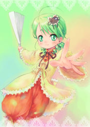 Rule 34 | 1girl, :3, ahoge, blush, drill hair, hand fan, frills, green hair, hair ornament, kanaria, outstretched arm, outstretched hand, pants, pokomi, rozen maiden, short hair, smile, solo, twin drills