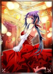 Rule 34 | 00s, 10s, 1girl, backless dress, backless outfit, blue eyes, blue hair, dress, elbow gloves, gloves, imca, indoors, long hair, looking at viewer, lowres, matching hair/eyes, ponytail, red dress, red eyes, senjou no valkyria (series), senjou no valkyria 3, solo, strapless, strapless dress, thighhighs, watanabe yuuna, white gloves